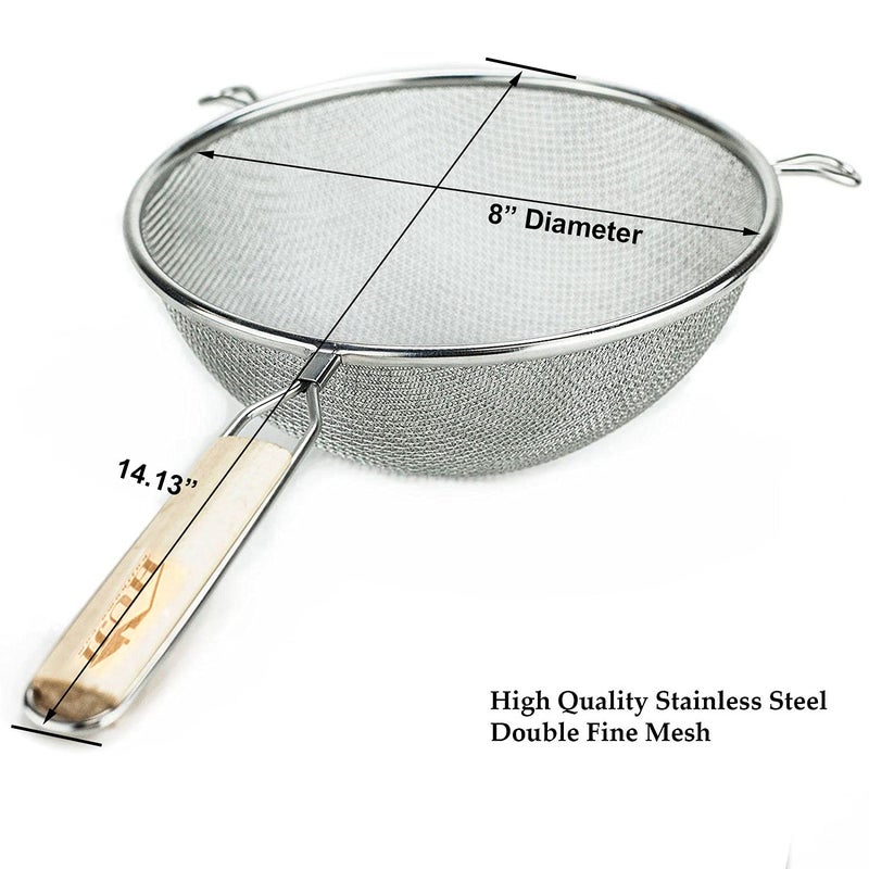 Huji Stainless Steel Fine 8" Double Mesh Food Strainer Colander Sieve Sifter with Wooden Handle for Kitchen Rice Pasta Noodles (2 Pack) - Image 3